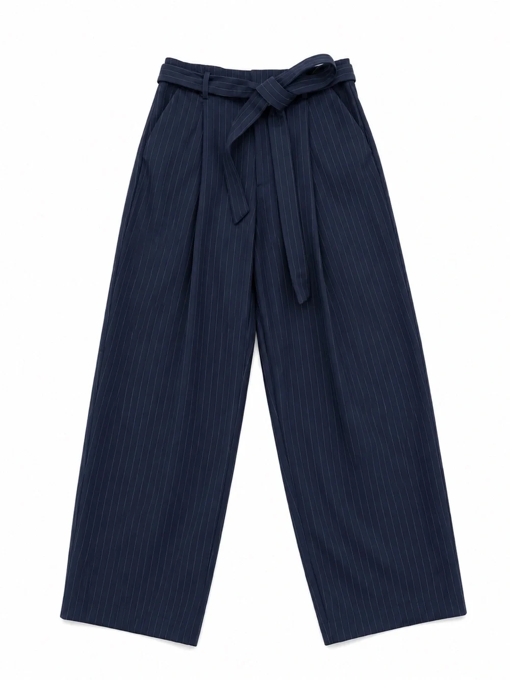 Zara XS Navy Pinstripe Wide Leg Tie Waist Pants High Rise - Picture 6 of 8